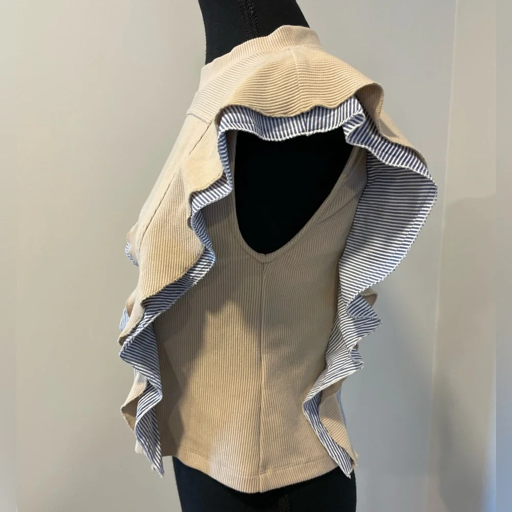 Anthropologie Nautical Ruffle Blouse With Back Buttons EUC - Picture 6 of 14